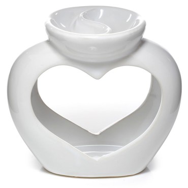Kominek ceramiczny biały w kształcie serca z naczyniem podzielonym na dwie części