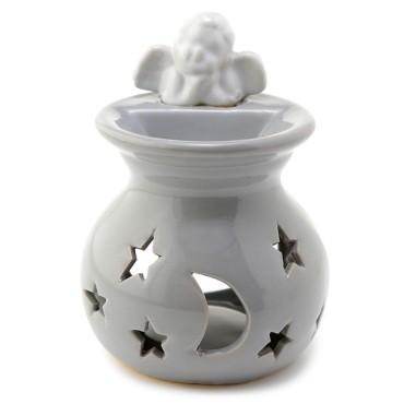 Kominek ceramiczny tarta z cherubunkiem i wyciętymi gwiazdami z księżycem - szary