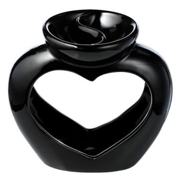 Kominek ceramiczny czarny w kształcie serca z naczyniem podzielonym na dwie części