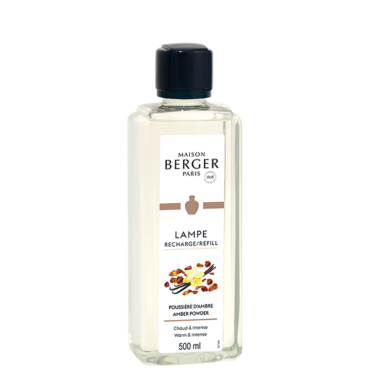 Butelka esencji do lampy katalitycznej Maison Berger Paris Poussière d'Ambre 500 ml z etykietą o zapachu bursztynu i wanilii.