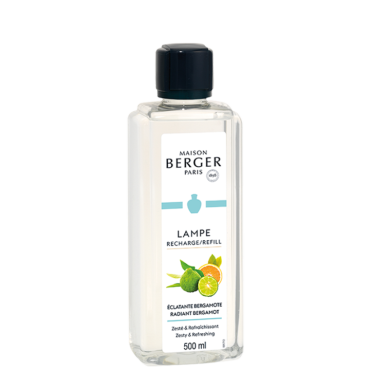 Butelka Esencji do lampy katalitycznej Bergamotka 500 ml Maison Berger Paris z etykietą owoców cytrusowych na białym tle.