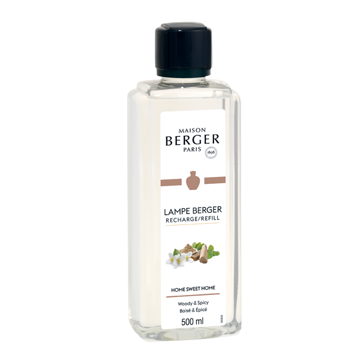 Przezroczysta butelka esencji do lampy katalitycznej Home Sweet Home 500 ml Maison Berger Paris z czarną nakrętką.
