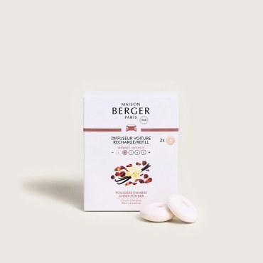 Wkład do dyfuzora samochodowego - zestaw 2 sztuk Ambra Maison Paris Berger: białe opakowanie z grafiką wanilii i dwa wkłady.