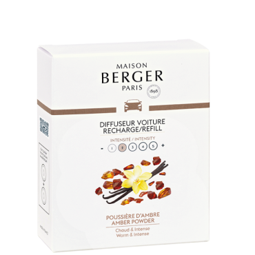 Opakowanie wkładów do dyfuzora samochodowego Maison Berger Paris Ambra (2 szt.) z grafiką wanilii i bursztynu na białym tle.
