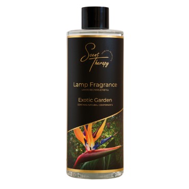 Płyn do lampy katalitycznej 500ml Exotic Garden Scent Therapy w czarnej butelce ze złotym logo i kwiatem strelicji.