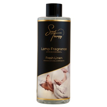 Płyn do lampy katalitycznej 500ml Fresh Linen Scent Therapy w przezroczystej butelce z czarno-złotą etykietą.
