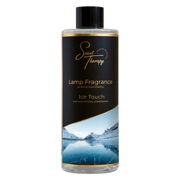 Płyn do lampy katalitycznej 500ml Ice Touch Scent Therapy w czarnej butelce ze złotymi detalami i mroźnym krajobrazem.