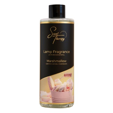 Płyn do lampy katalitycznej 500ml Marshmallow Scent Therapy w czarnej butelce ze złotymi napisami i grafiką pianek.