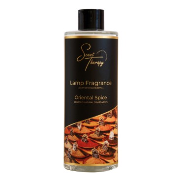 Płyn do lampy katalitycznej 500ml Oriental Spice Scent Therapy w czarnej butelce ze złotymi napisami i grafiką przypraw.