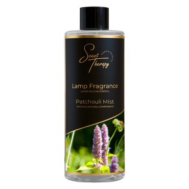 Płyn do lampy katalitycznej 500ml Patchouli Mist Scent Therapy w czarnej butelce ze złotymi napisami i kwiatami.