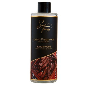 Płyn do lampy katalitycznej 500ml Sandalwood Scent Therapy w czarnej butelce ze złotymi napisami i grafiką drewna.