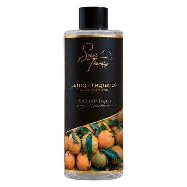 Płyn do lampy katalitycznej 500ml Sicilian Rain Scent Therapy w czarnej butelce ze złotymi napisami i grafiką cytrusów.