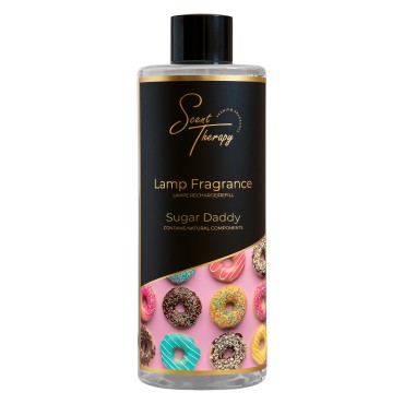 Płyn do lampy katalitycznej 500ml Sugar Daddy Scent Therapy w czarnej butelce ze złotym logo i grafiką pączków.